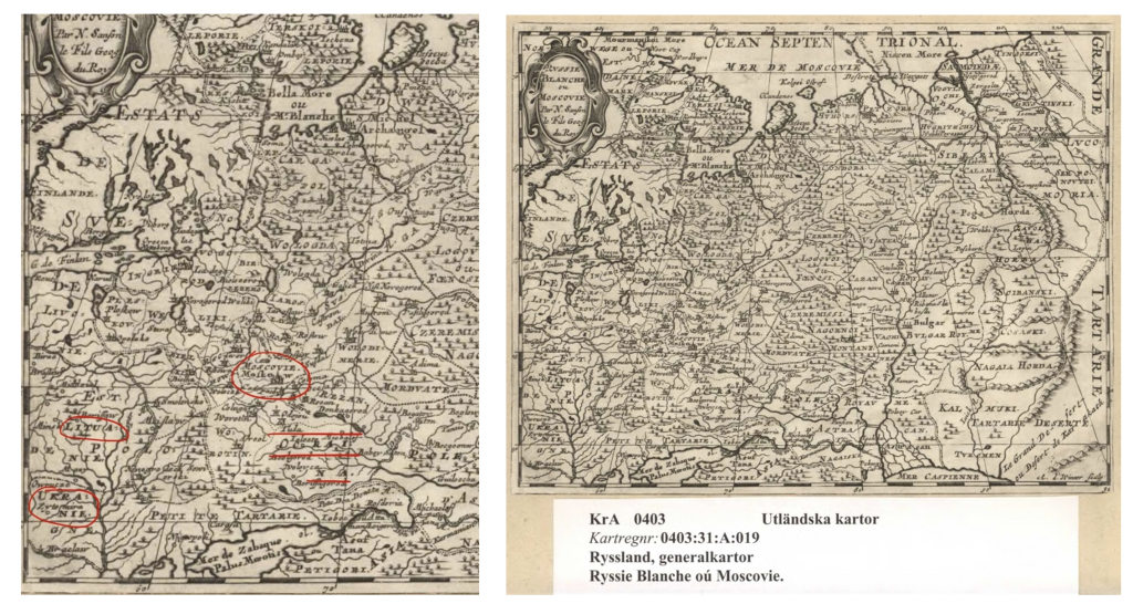 Figura 4 – Mappa di Nicolas Sanson e ingrandimento parte nord-occidentale