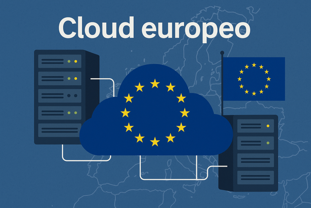 Illustrazione di un cloud blu con le stelle gialle dell’Unione Europea, collegato a server e accompagnato dalla bandiera UE, simbolo della sovranità digitale europea.